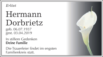 Traueranzeige von Hermann Dorbrietz von WVG - Wochenspiegel Wittenberg