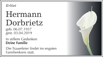 Traueranzeige von Hermann Dorbrietz von Mitteldeutsche Zeitung