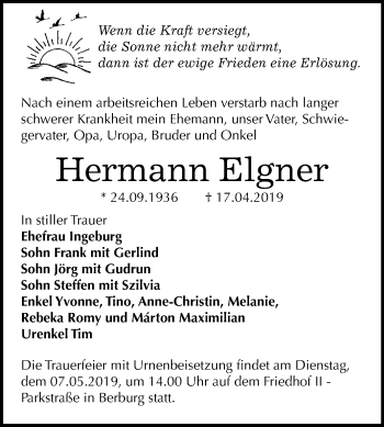 Traueranzeige von Hermann Elgner von Mitteldeutsche Zeitung