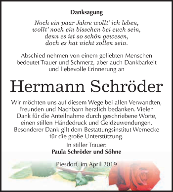 Traueranzeige von Hermann Schröder von Super Sonntag Bernburg