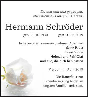 Traueranzeige von Hermann Schröder von Mitteldeutsche Zeitung Bernburg