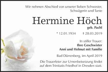 Traueranzeige von Hermine Höch von Super Sonntag Merseburg
