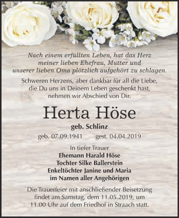 Traueranzeige von Herta Höse von WVG - Wochenspiegel Wittenberg