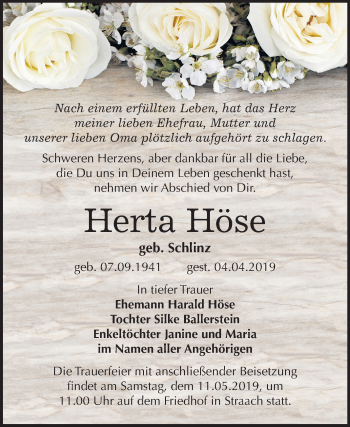 Traueranzeige von Herta Höse von Mitteldeutsche Zeitung