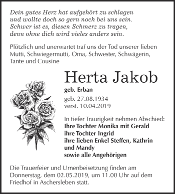 Traueranzeige von Herta Jakob von Super Sonntag Aschersleben
