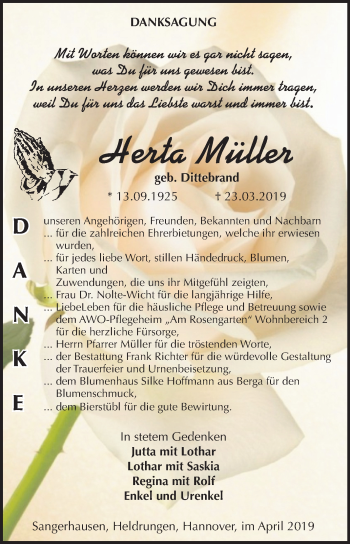 Traueranzeige von Herta Müller von Super Sonntag SGH Mansf. Land