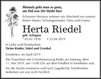 Traueranzeige von Herta Riedel von Mitteldeutsche Zeitung