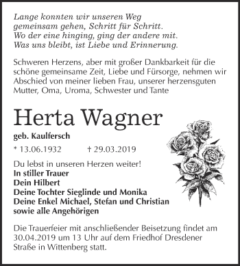 Traueranzeige von Herta Wagner von Super Sonntag Wittenberg