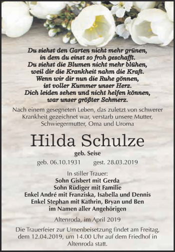 Traueranzeige von Hilda Schulze von WVG - Wochenspiegel NMB / WSF / ZTZ