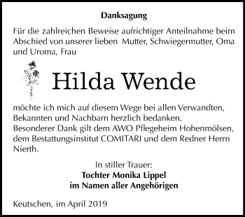 Traueranzeige von Hilda Wende von WVG - Wochenspiegel NMB / WSF / ZTZ