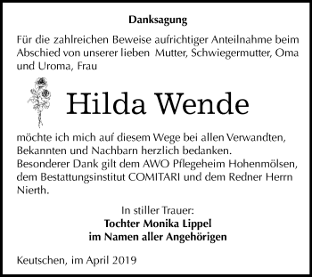 Traueranzeige von Hilda Wende von Mitteldeutsche Zeitung Weißenfels