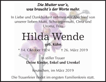 Traueranzeige von Hilda Wende von WVG - Wochenspiegel NMB / WSF / ZTZ