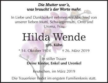 Traueranzeige von Hilda Wende von Mitteldeutsche Zeitung Weißenfels