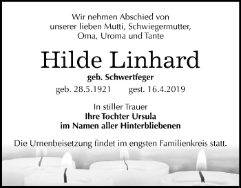 Traueranzeige von Hilde Linhard von Mitteldeutsche Zeitung Köthen