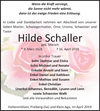 Traueranzeige von Hilde Schaller von Mitteldeutsche Zeitung Weißenfels