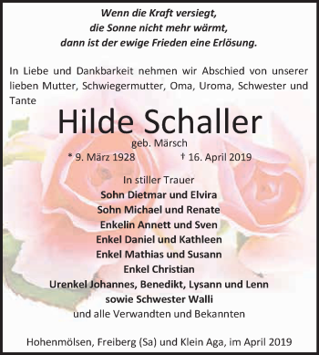 Traueranzeige von Hilde Schaller von WVG - Wochenspiegel NMB / WSF / ZTZ