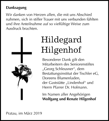 Traueranzeige von Hildegard Hilgenhof von Mitteldeutsche Zeitung Wittenberg