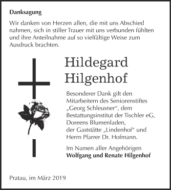 Traueranzeige von Hildegard Hilgenhof von Super Sonntag Wittenberg