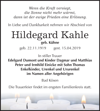 Traueranzeige von Hildegard Kahle von Mitteldeutsche Zeitung
