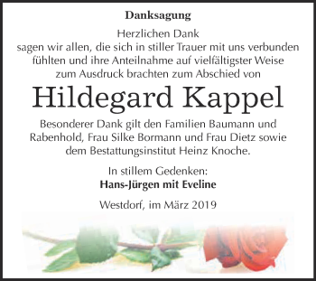 Traueranzeige von Hildegard Kappel von Super Sonntag Aschersleben
