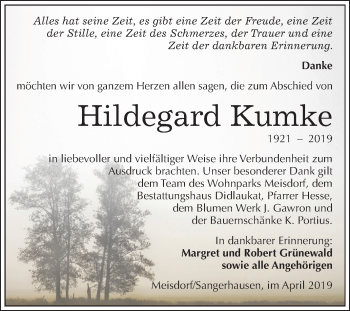 Traueranzeige von Hildegard Kumke von Mitteldeutsche Zeitung Quedlinburg