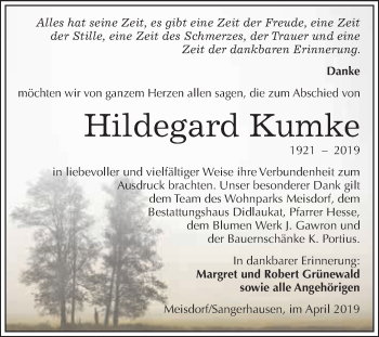 Traueranzeige von Hildegard Kumke von WVG - Wochenspiegel Quedlinburg