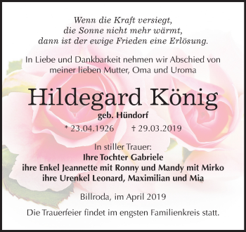 Traueranzeige von Hildegard König von Mitteldeutsche Zeitung Naumburg/Nebra