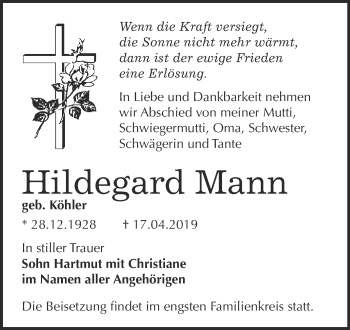 Traueranzeige von Hildegard Mann von Super Sonntag Bernburg