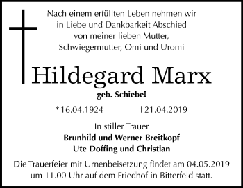Traueranzeige von Hildegard Marx von Mitteldeutsche Zeitung