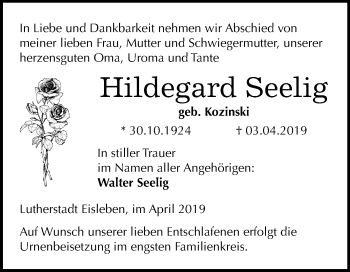 Traueranzeige von Hildegard Seelig von Mitteldeutsche Zeitung Mansfelder Land