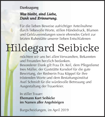 Traueranzeige von Hildegard Seibicke von WVG - Wochenspiegel NMB / WSF / ZTZ