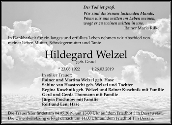 Traueranzeige von Hildegard Welzel von Mitteldeutsche Zeitung Dessau-Roßlau
