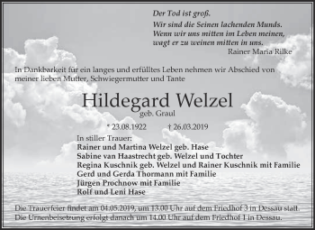 Traueranzeige von Hildegard Welzel von WVG - Wochenspiegel Dessau / Köthen