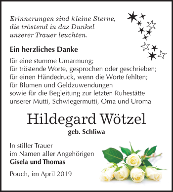 Traueranzeige von Hildegard Wötzel von Mitteldeutsche Zeitung Bitterfeld