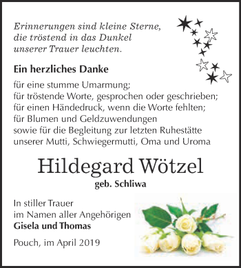 Traueranzeige von Hildegard Wötzel von WVG - Wochenspiegel Bitterfeld