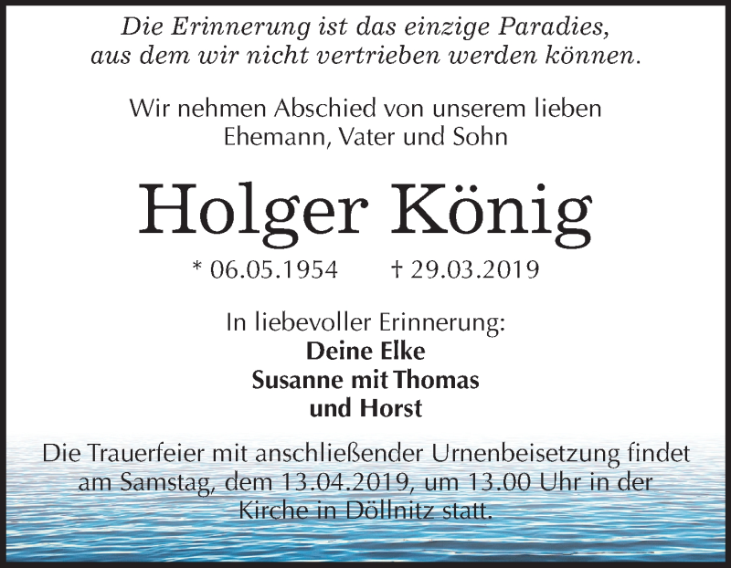  Traueranzeige für Holger König vom 06.04.2019 aus Mitteldeutsche Zeitung Merseburg/Querfurt