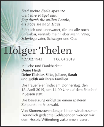 Traueranzeige von Holger Thelen von WVG - Wochenspiegel Wittenberg