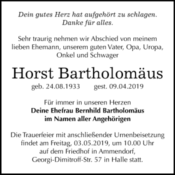 Traueranzeige von Horst Bartholomäus von Mitteldeutsche Zeitung
