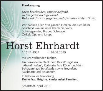 Traueranzeige von Horst Ehrhardt von Mitteldeutsche Zeitung