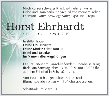 Traueranzeige von Horst Ehrhardt von Mitteldeutsche Zeitung Merseburg/Querfurt