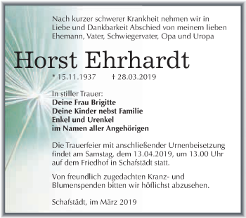 Traueranzeige von Horst Ehrhardt von WVG - Wochenspiegel Merseburg