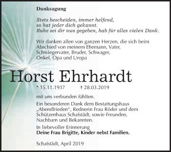 Traueranzeige von Horst Ehrhardt von WVG - Wochenspiegel Merseburg