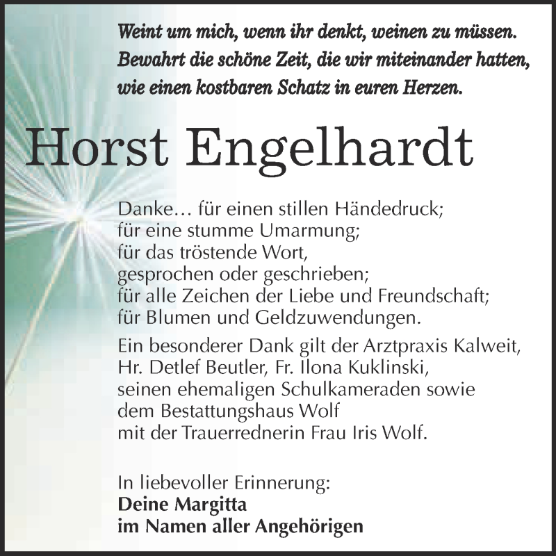  Traueranzeige für Horst Engelhardt vom 15.04.2019 aus WVG - Wochenspiegel NMB / WSF / ZTZ