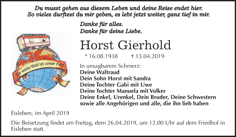  Traueranzeige für Horst Gierhold vom 20.04.2019 aus Super Sonntag SGH Mansf. Land