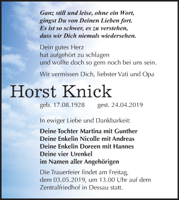 Traueranzeige von Horst Knick von Mitteldeutsche Zeitung Dessau-Roßlau
