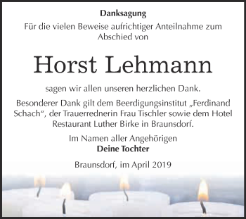 Traueranzeige von Horst Lehmann von WVG - Wochenspiegel Wittenberg