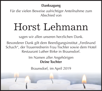 Traueranzeige von Horst Lehmann von Mitteldeutsche Zeitung