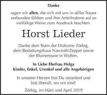 Traueranzeige von Horst Lieder von WVG - Wochenspiegel Bitterfeld