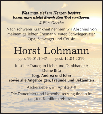 Traueranzeige von Horst Lohmann von Mitteldeutsche Zeitung Aschersleben