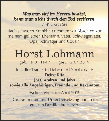 Traueranzeige von Horst Lohmann von Super Sonntag Aschersleben